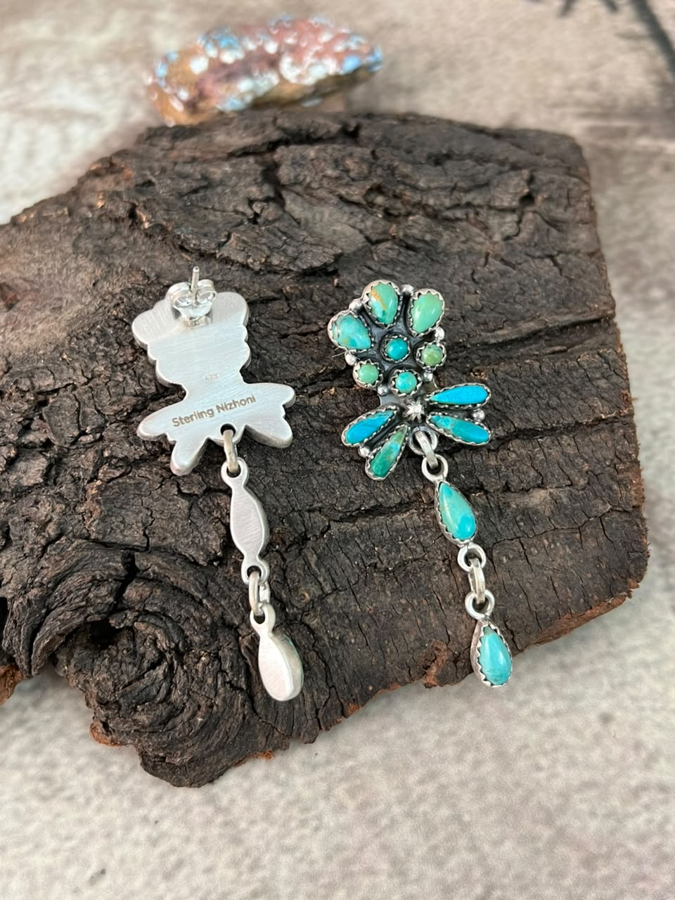 Handmade Sterling Silver Kingman Turquoise Post Dangle Earrings Signed Nizhoni