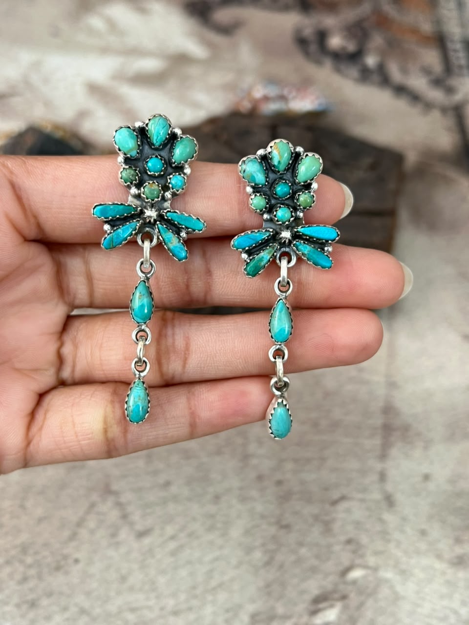 Handmade Sterling Silver Kingman Turquoise Post Dangle Earrings Signed Nizhoni