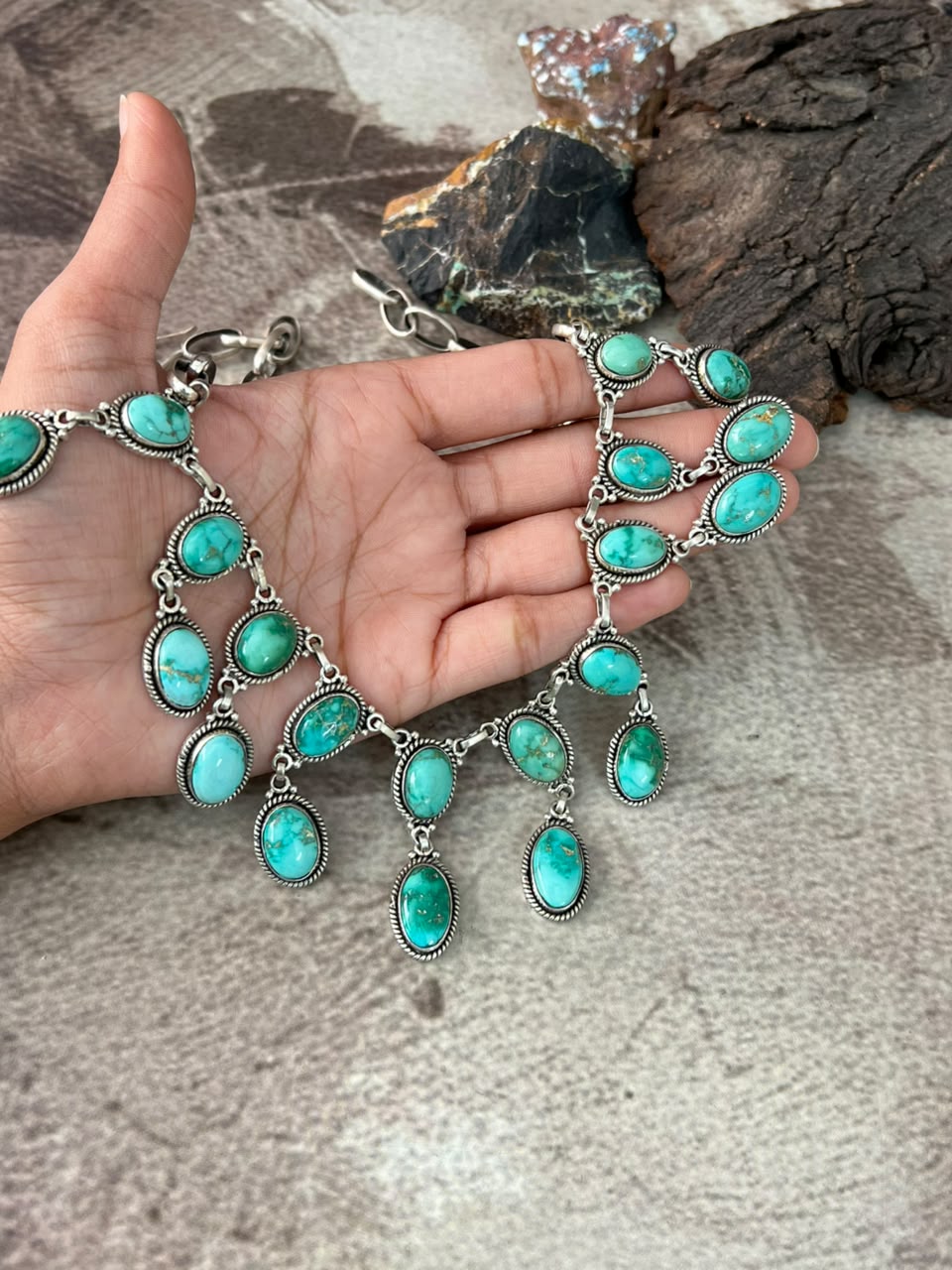 Handmade Sterling Silver Emerald Valley Turquoise Collection: Necklace Signed Nizhoni