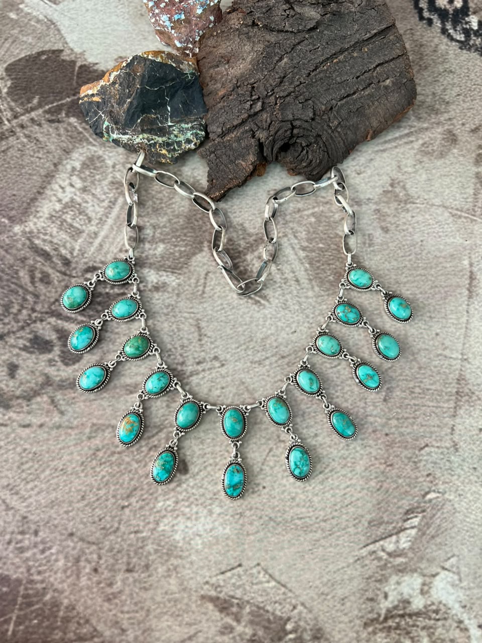 Handmade Sterling Silver Emerald Valley Turquoise Collection: Necklace Signed Nizhoni