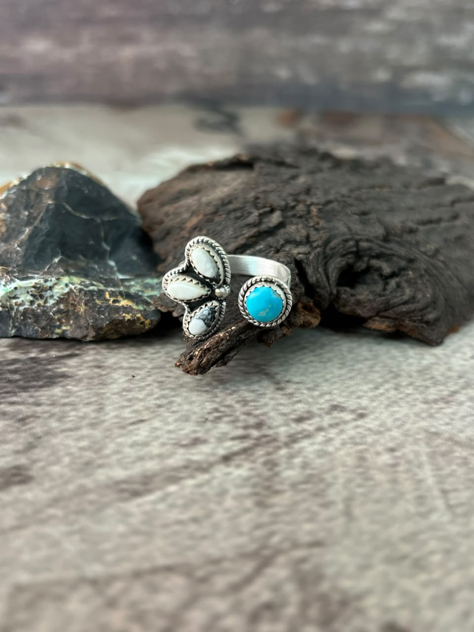 Handmade Sterling Silver White Buffalo with White Water Turquoise Adjustable Ring Signed Nizhoni