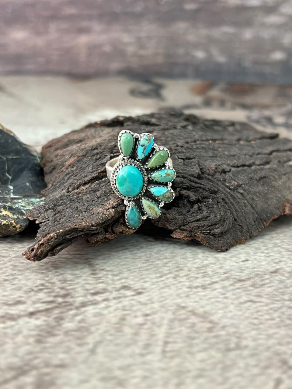Handmade Sterling Silver Kingman Turquoise Adjustable Ring Signed Nizhoni