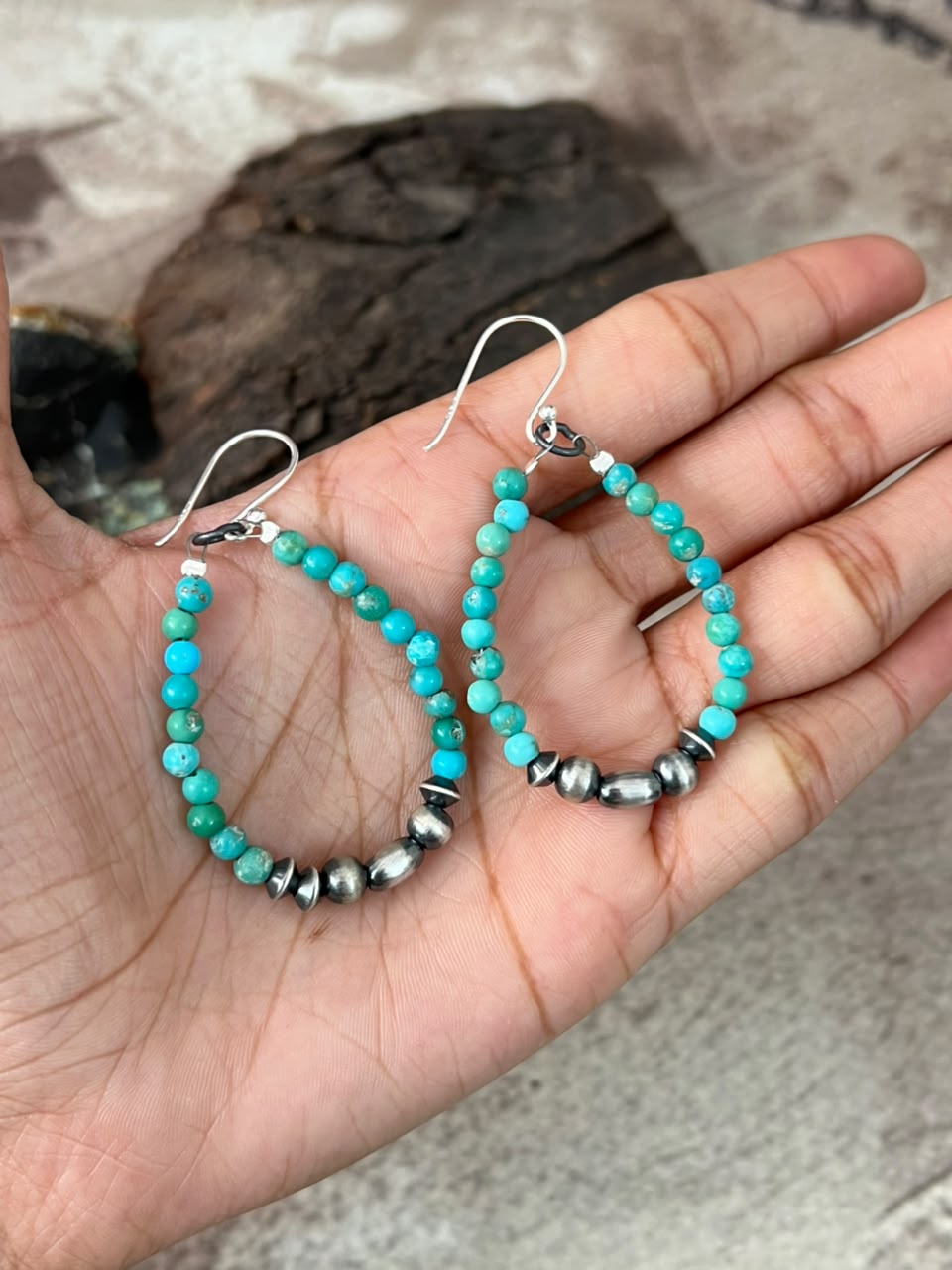 Handmade Sterling Silver Kingman Turquoise Hook Dangle Beaded Earrings