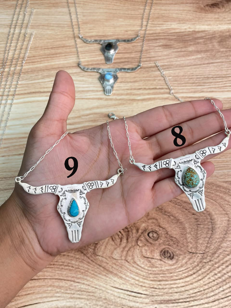 Handmade Sterling Silver Royston ,Paloma, Sierra Bella, Blackjack, White Water, Golden Hills and Number 8 Turquoise Bull Head Necklace Signed Nizhoni