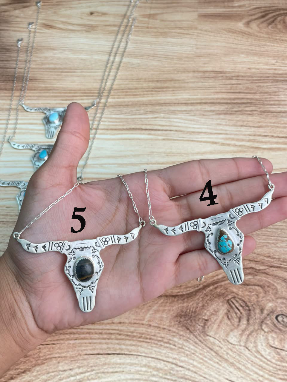 Handmade Sterling Silver Royston ,Paloma, Sierra Bella, Blackjack, White Water, Golden Hills and Number 8 Turquoise Bull Head Necklace Signed Nizhoni