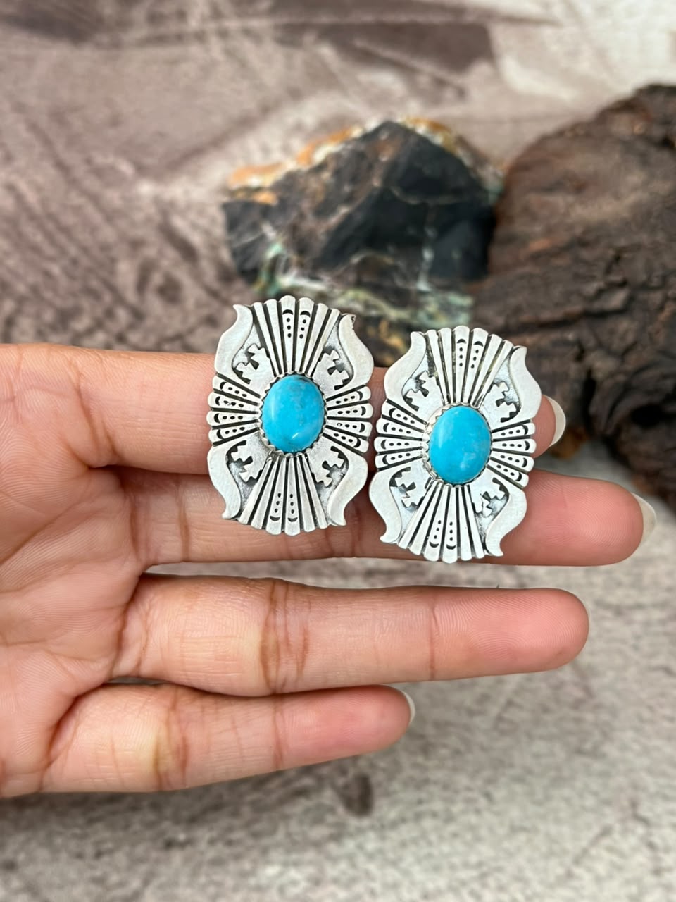 Handmade Sterling Silver Kingman Turquoise Post Studs Earrings Signed Nizhoni