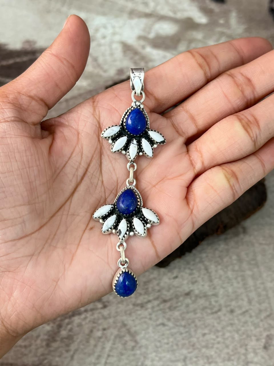 Handmade Sterling Silver Lapis with White Buffalo Pendant Signed Nizhoni