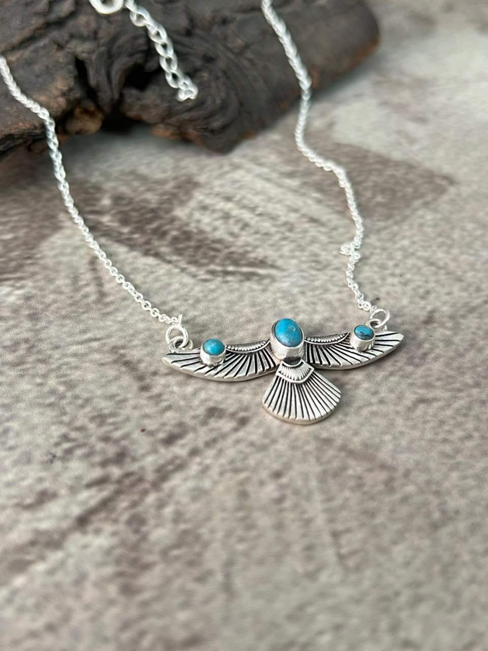 Handmade Sterling Silver Kingman Turquoise Thunderbird Necklace Signed Nizhoni
