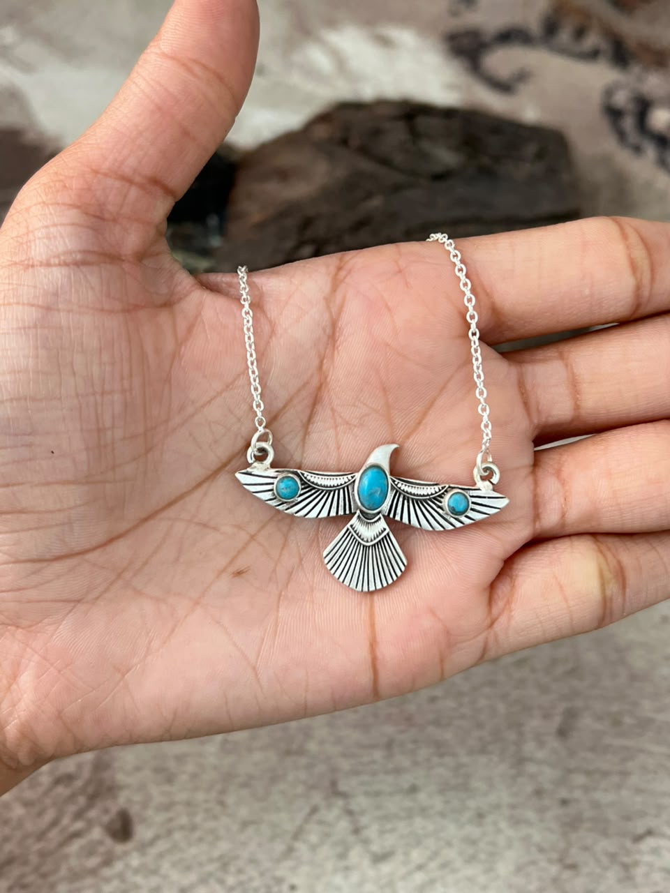 Handmade Sterling Silver Kingman Turquoise Thunderbird Necklace Signed Nizhoni