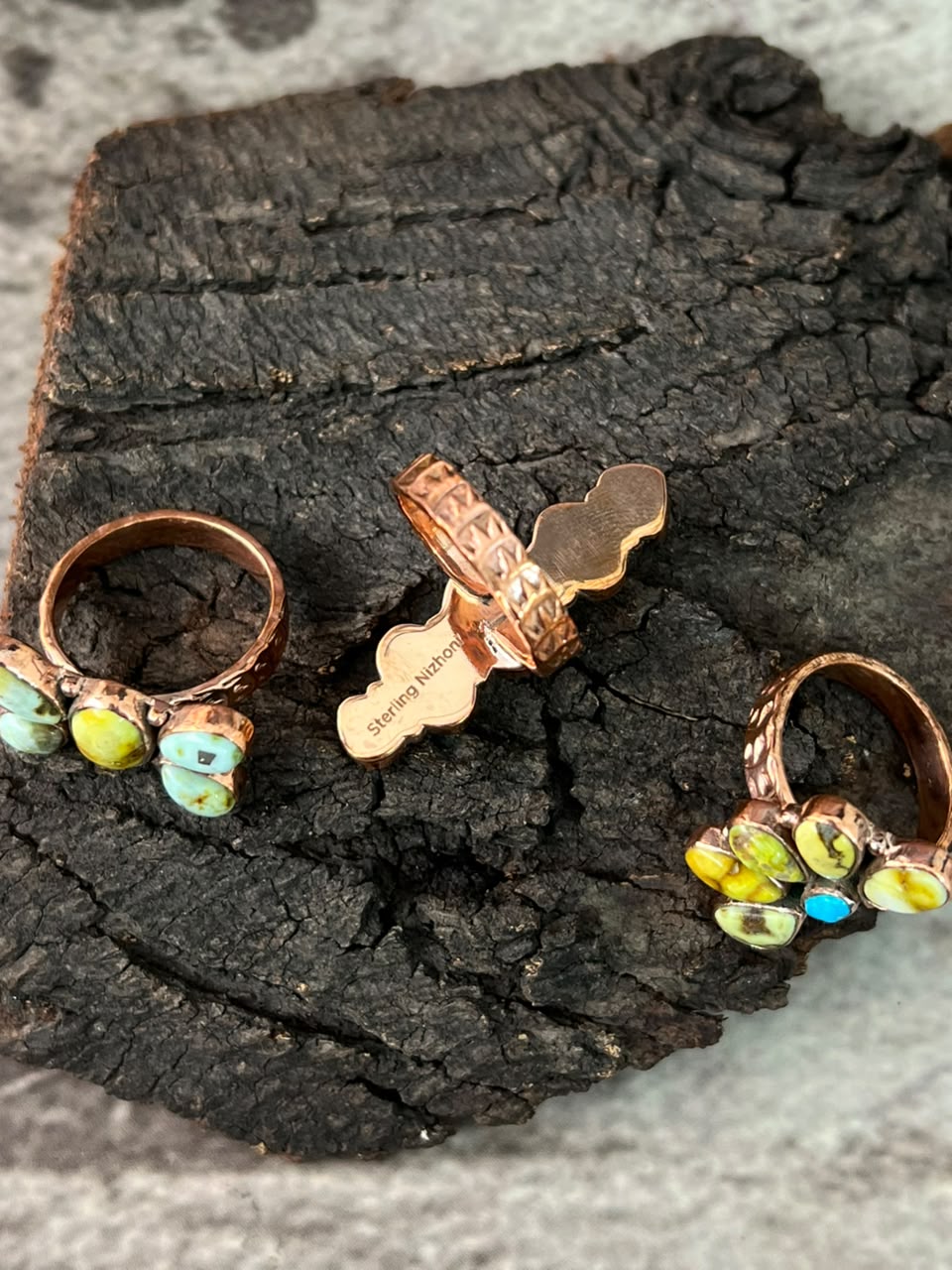 Handmade Palomino with White Water Turquoise Copper Collection: Adjustable Ring Signed Nizhoni