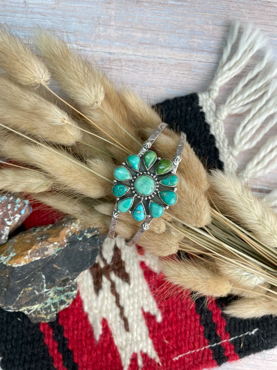 Handmade Sterling Silver Emerald Valley Turquoise Collection: Cuff Bracelet Signed Nizhoni