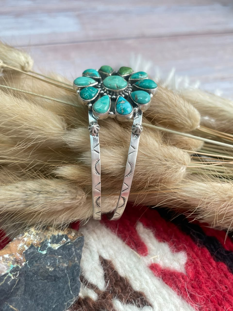 Handmade Sterling Silver Emerald Valley Turquoise Collection: Cuff Bracelet Signed Nizhoni