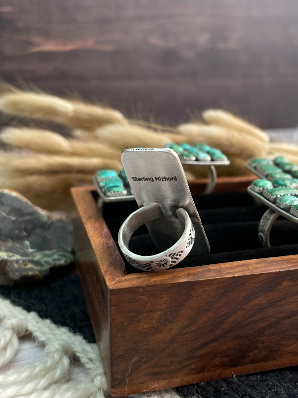 Handmade Sterling Silver Emerald Valley Turquoise Collection: Adjustable Bar Ring Signed Nizhoni