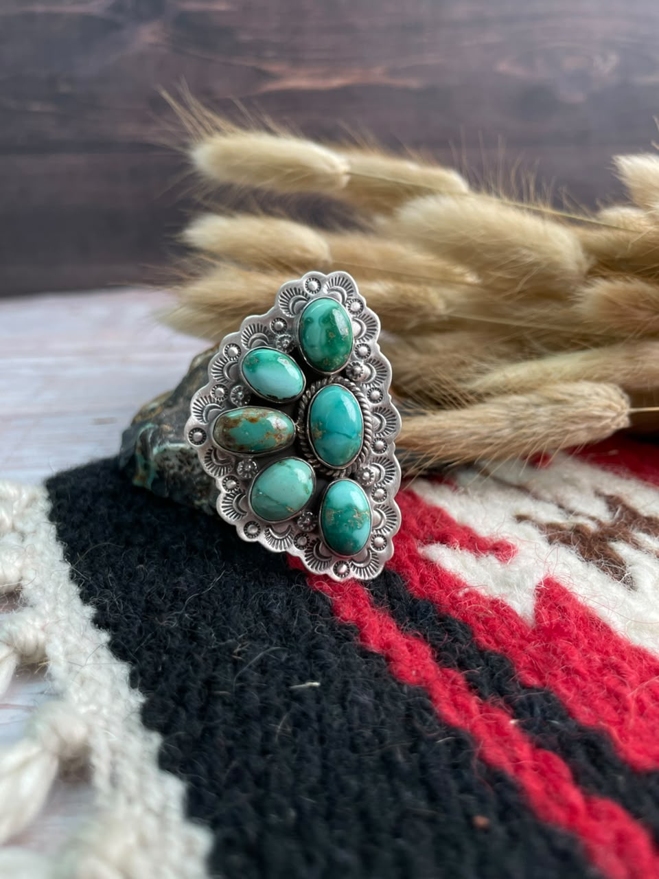Handmade Sterling Silver Emerald Valley Turquoise Collection: Adjustable Ring Signed Nizhoni