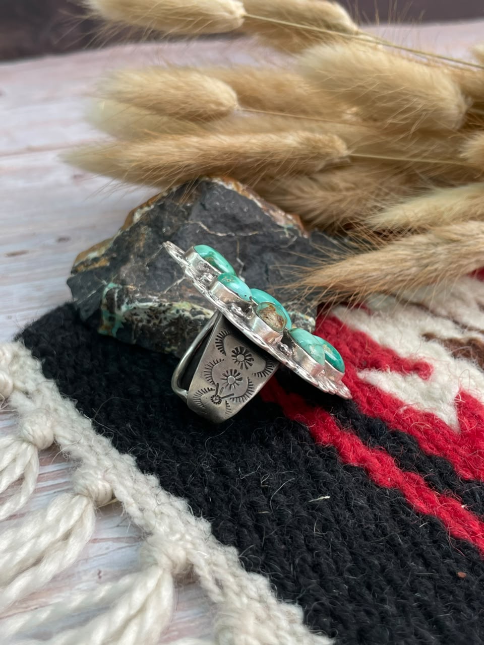 Handmade Sterling Silver Emerald Valley Turquoise Collection: Adjustable Ring Signed Nizhoni