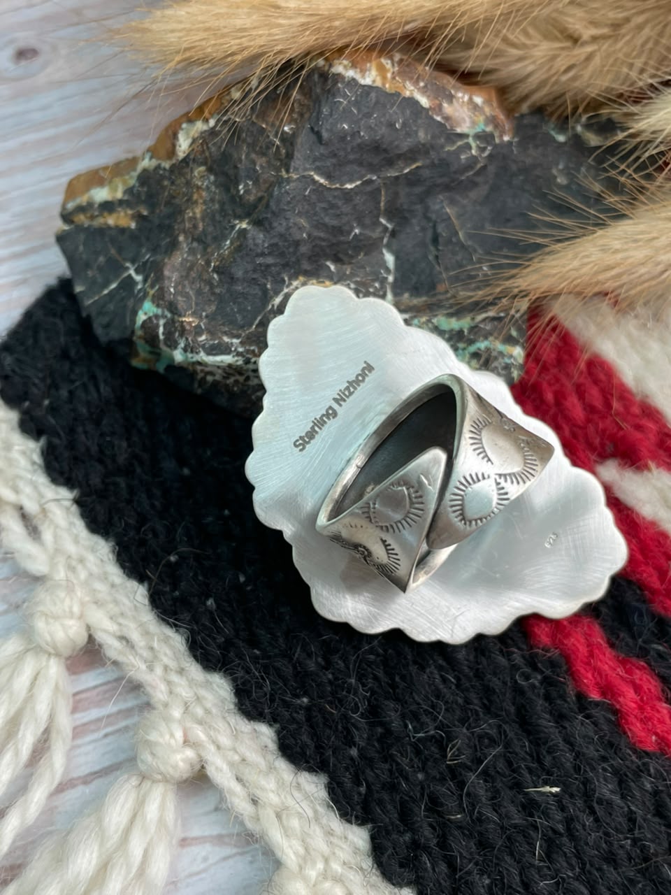 Handmade Sterling Silver Emerald Valley Turquoise Collection: Adjustable Ring Signed Nizhoni