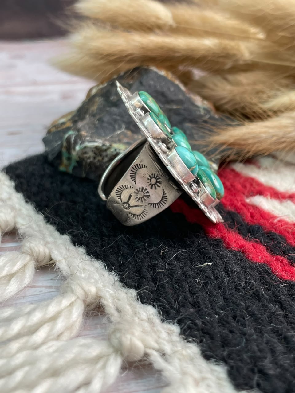 Handmade Sterling Silver Emerald Valley Turquoise Collection: Adjustable Ring Signed Nizhoni