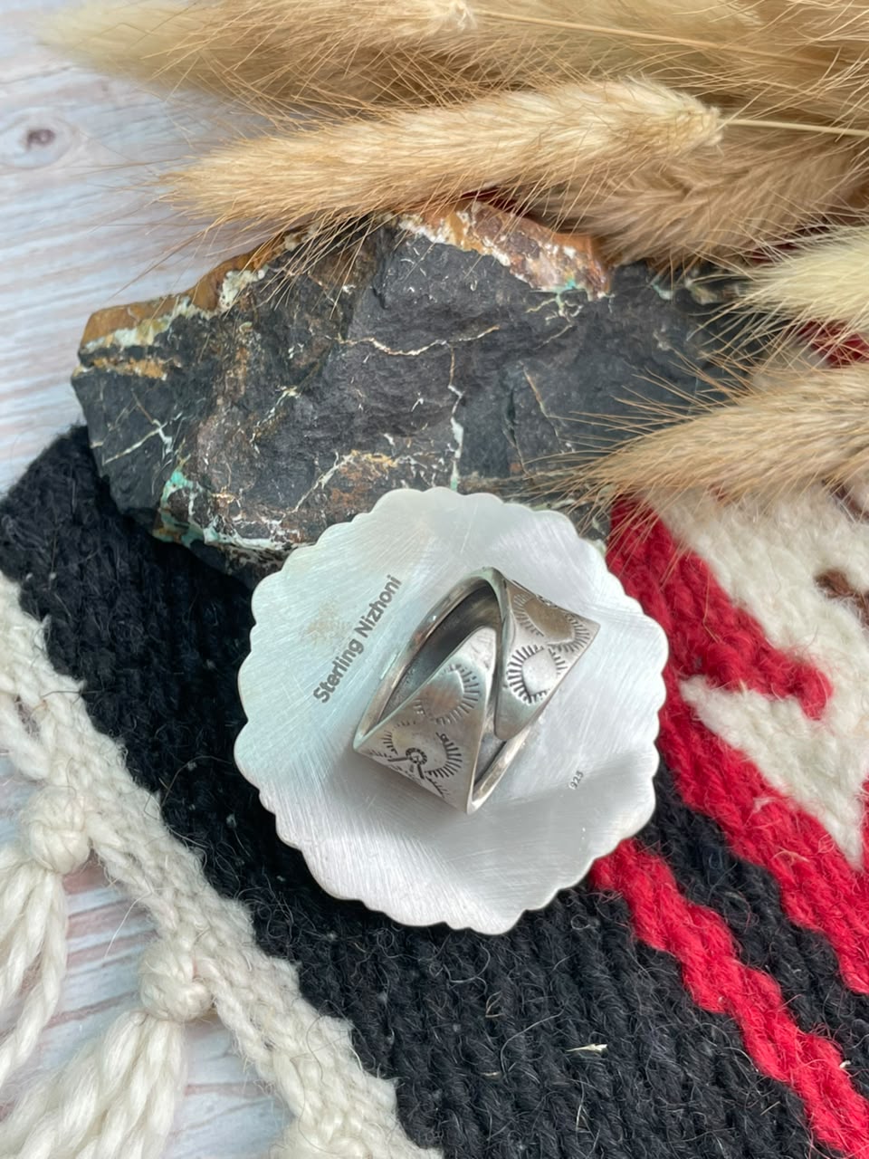 Handmade Sterling Silver Emerald Valley Turquoise Collection: Adjustable Ring Signed Nizhoni