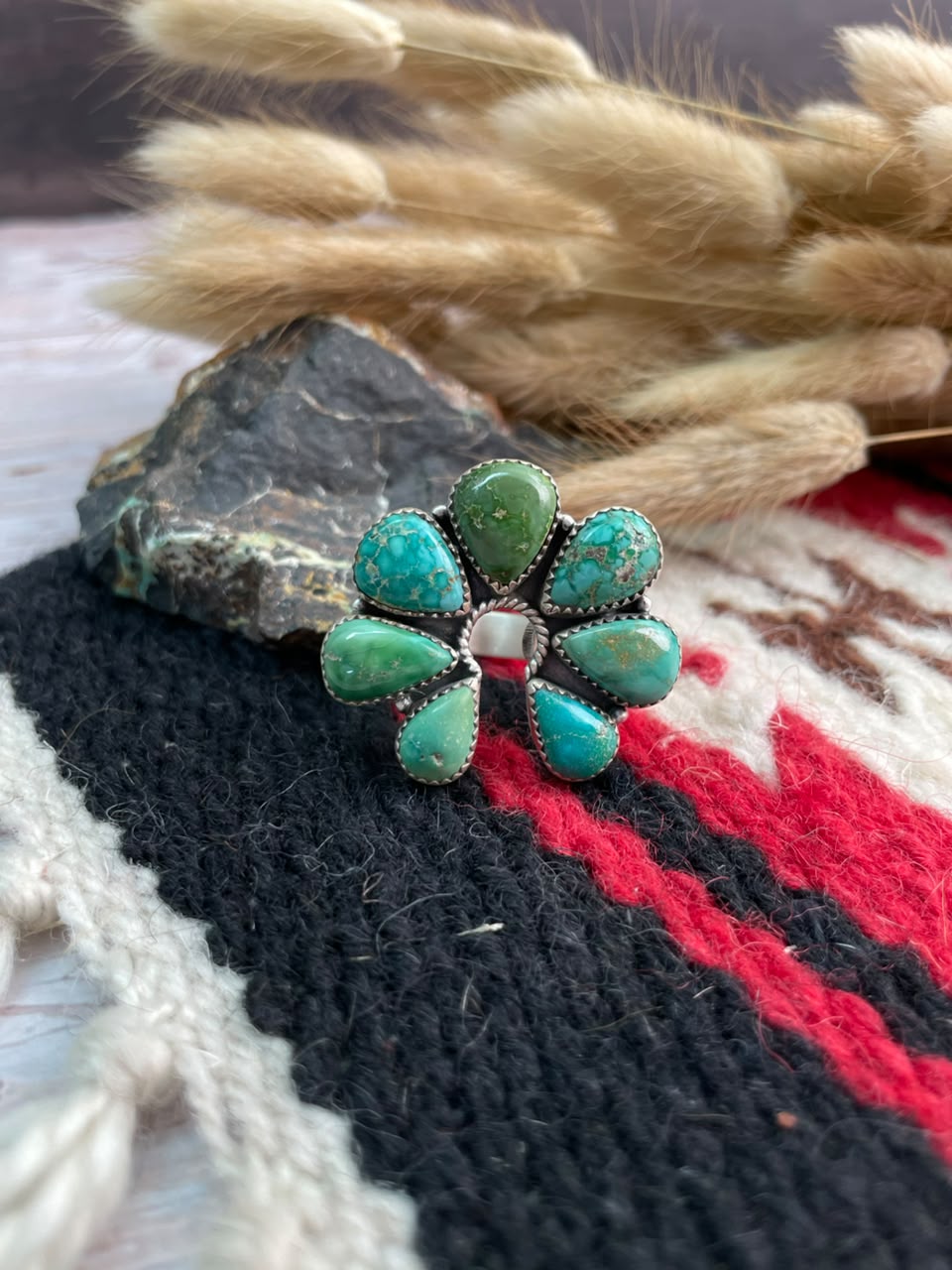 Handmade Sterling Silver Emerald Valley Turquoise Collection: Adjustable Naja Ring Signed Nizhoni