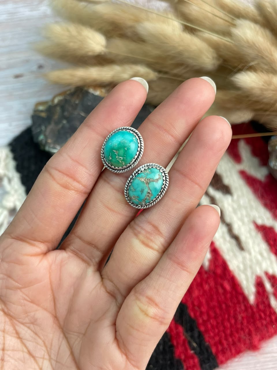 Handmade Sterling Silver Emerald Valley Turquoise Collection: Adjustable Ring Signed Nizhoni