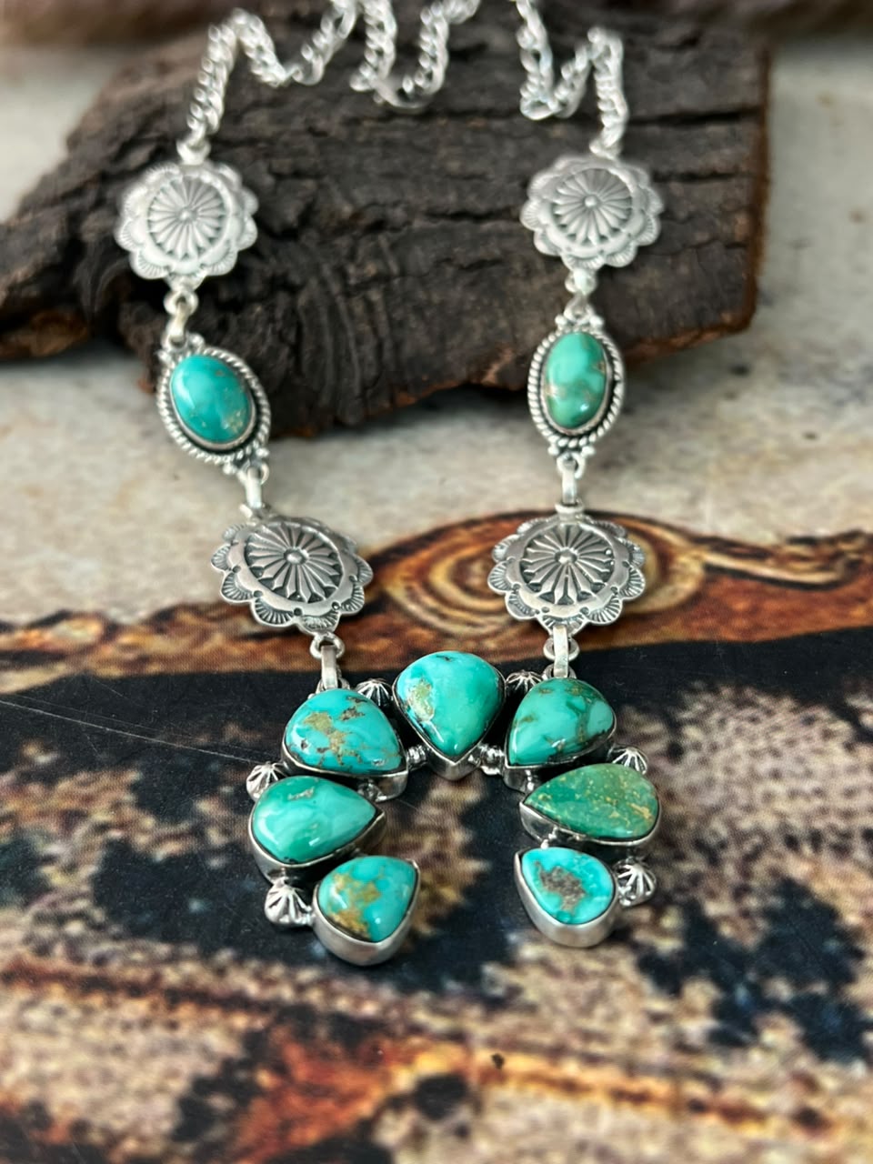 Handmade Sterling Silver Emerald Valley Turquoise Collection: Naja Necklace Signed Nizhoni