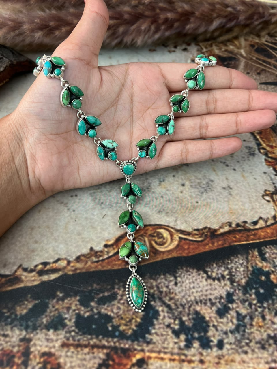 Handmade Sterling Silver Emerald Valley Turquoise Collection: Necklace Signed Nizhoni