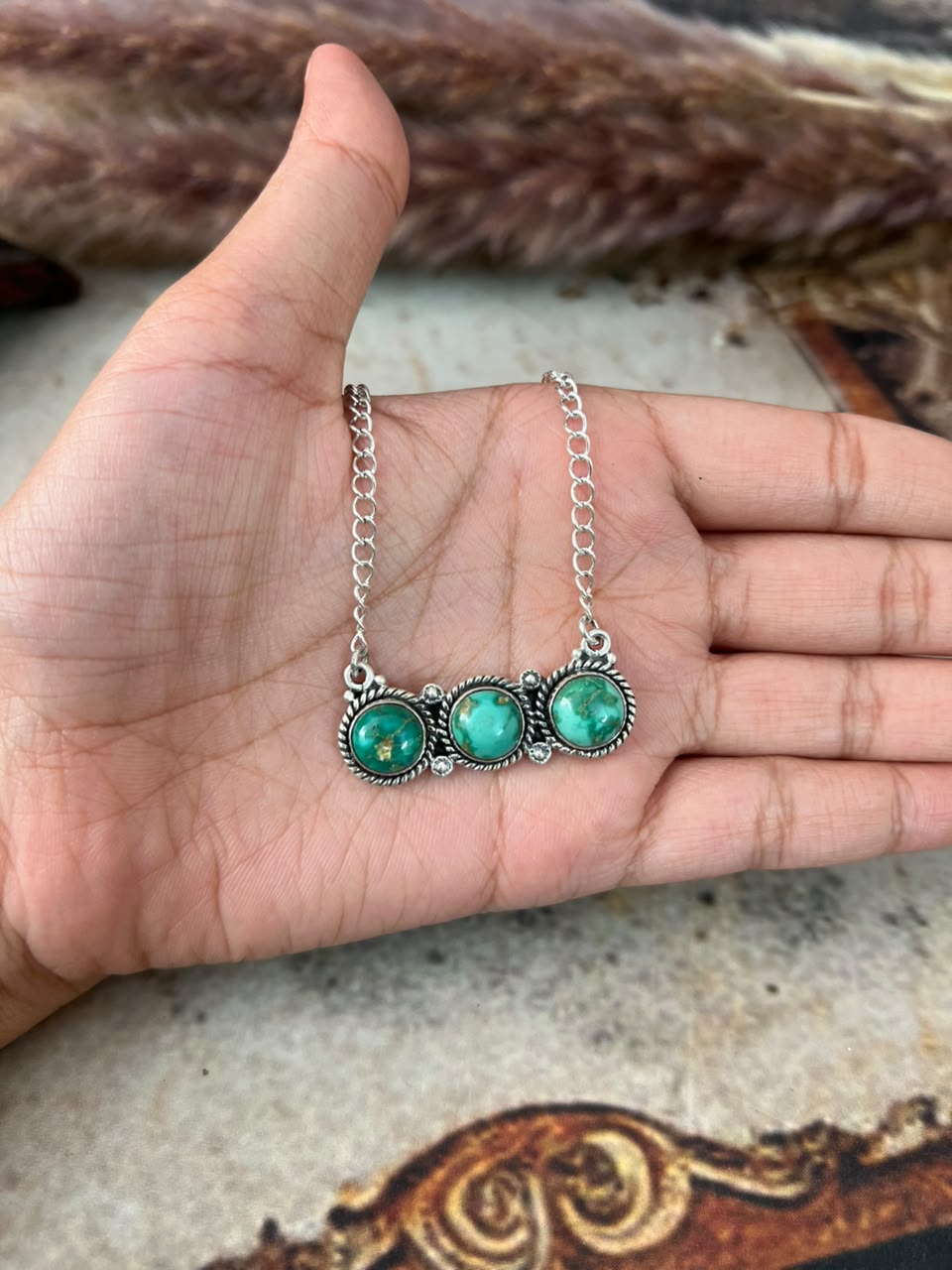Handmade Sterling Silver Emerald Valley Turquoise Collection: Necklace Signed Nizhoni