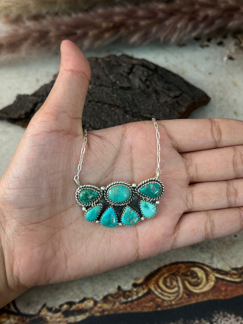 Handmade Sterling Silver Emerald Valley Turquoise Collection: Necklace Signed Nizhoni