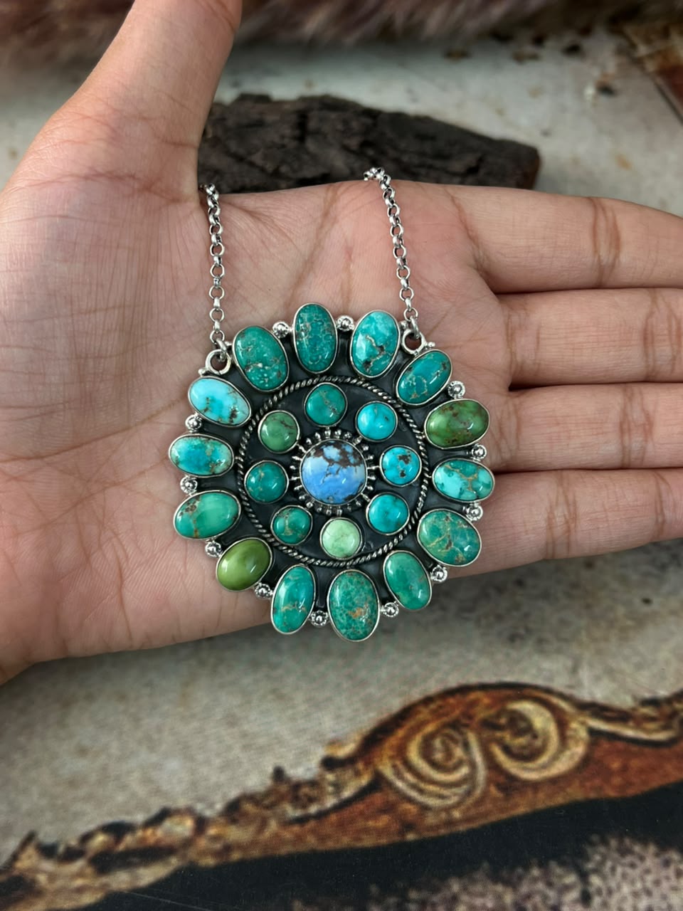 Handmade Sterling Silver Emerald Valley with Golden Hills Turquoise Collection: Necklace Signed Nizhoni