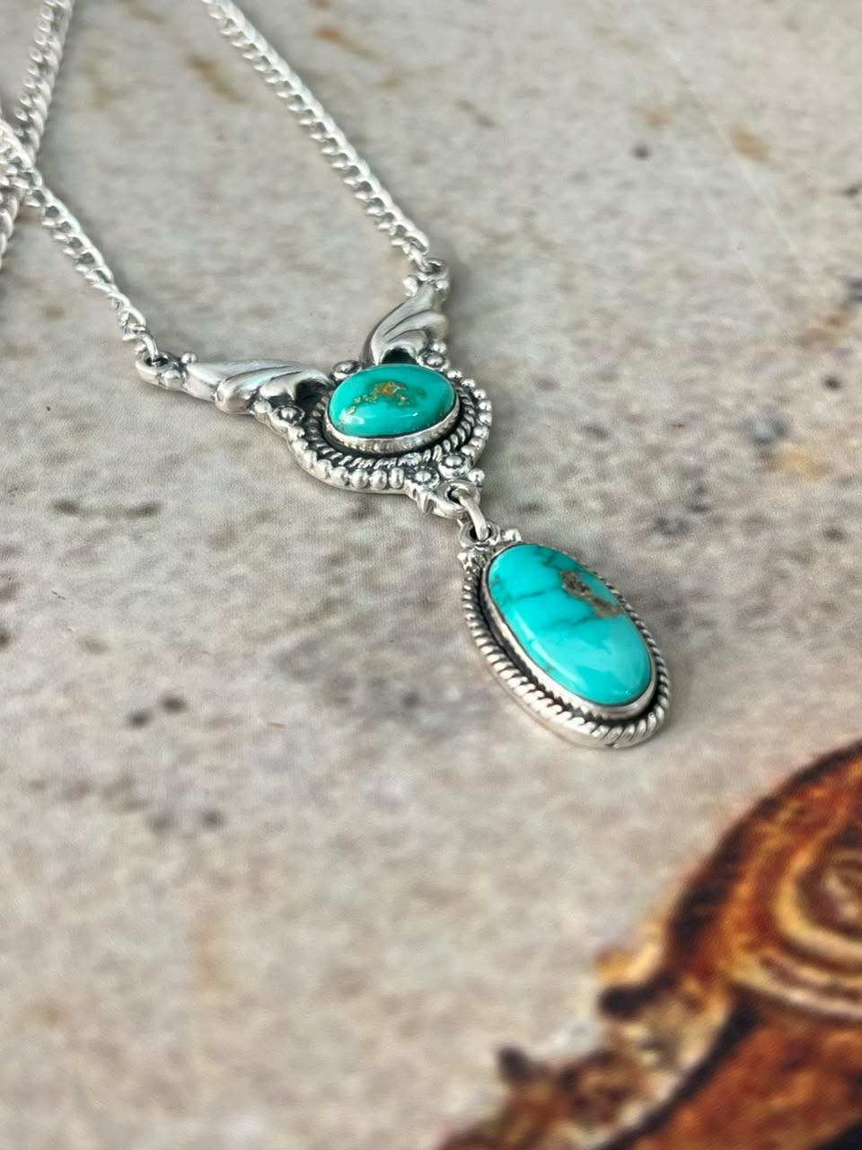 Handmade Sterling Silver Emerald Valley Turquoise Collection: Necklace Signed Nizhoni