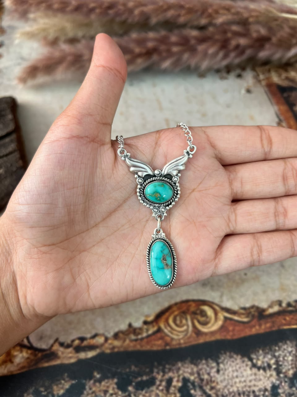 Handmade Sterling Silver Emerald Valley Turquoise Collection: Necklace Signed Nizhoni