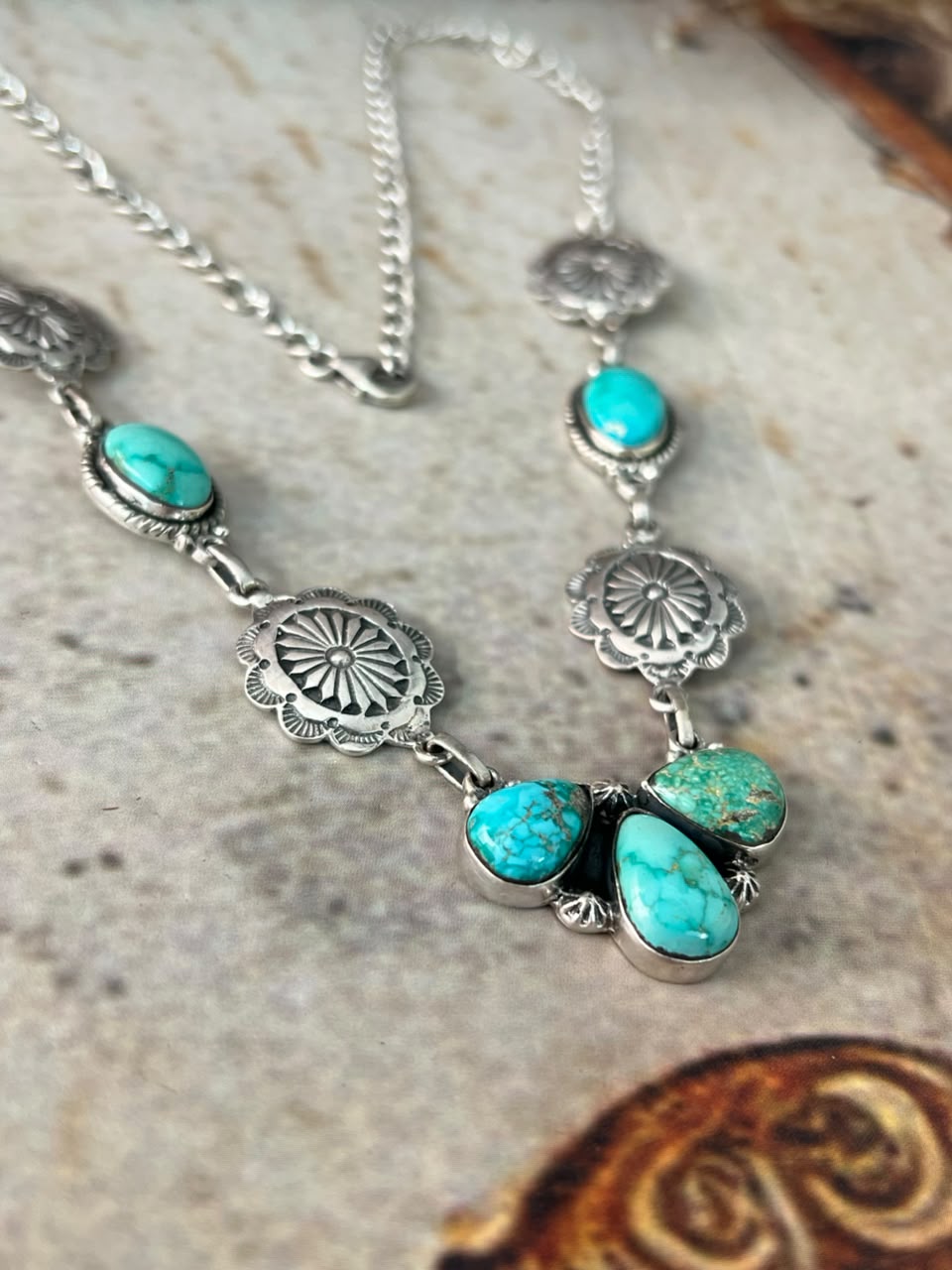 Handmade Sterling Silver Emerald Valley Turquoise Collection: Necklace Signed Nizhoni