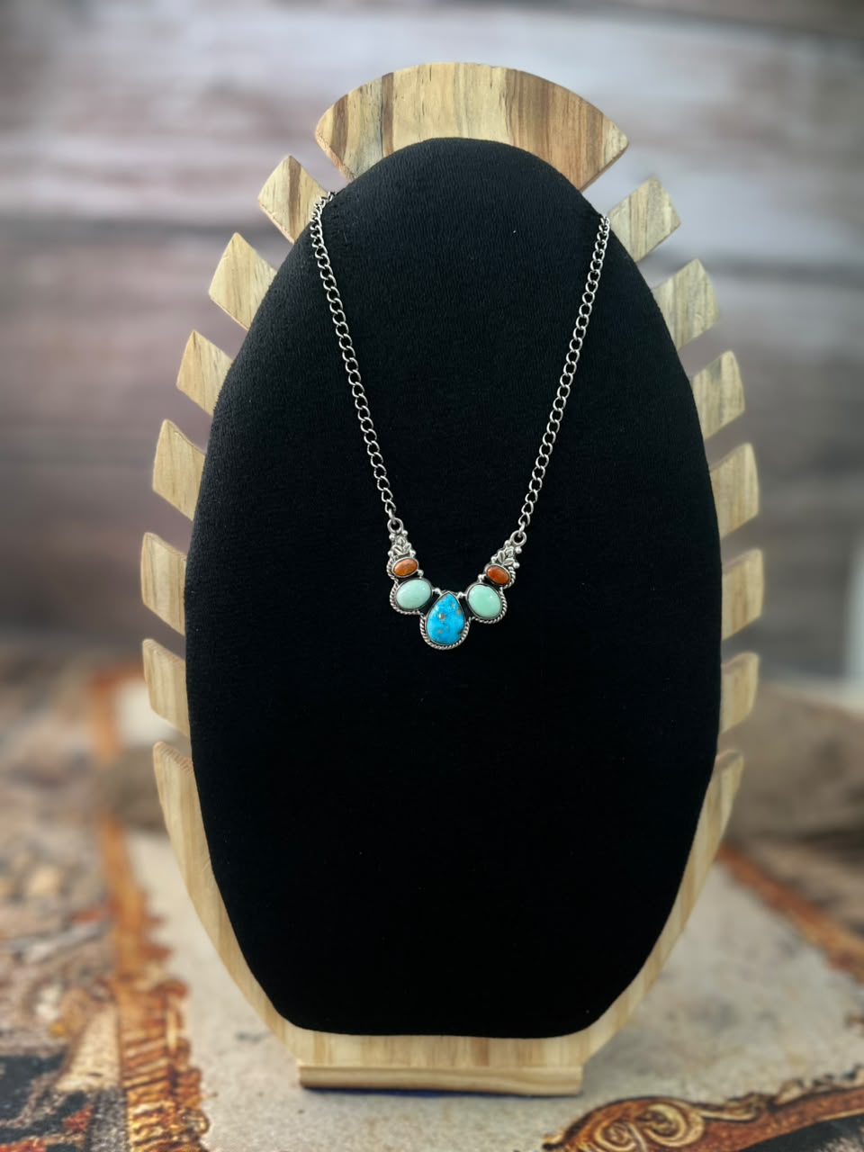 Handmade Sterling Silver White Water with Paloma Turquoise and Orange Mojave Necklace Signed Nizhoni
