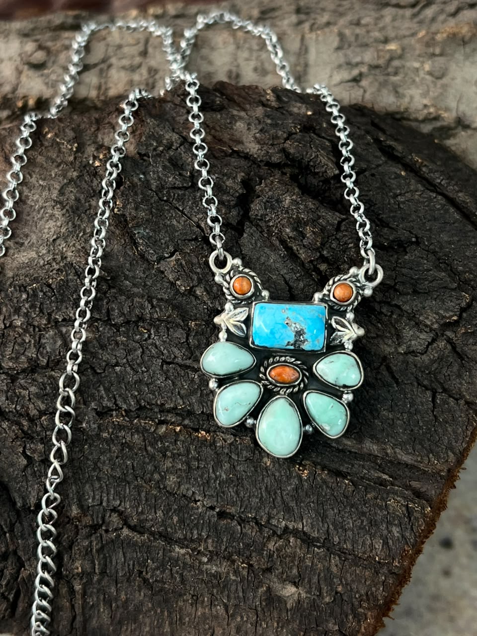 Handmade Sterling Silver White Water with Paloma Turquoise and Orange Mojave Necklace Signed Nizhoni