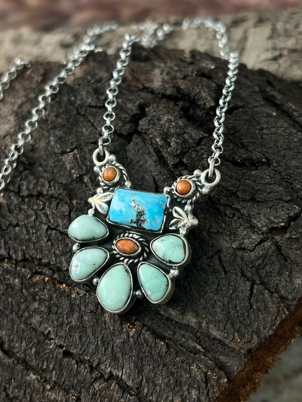 Handmade Sterling Silver White Water with Paloma Turquoise and Orange Mojave Necklace Signed Nizhoni