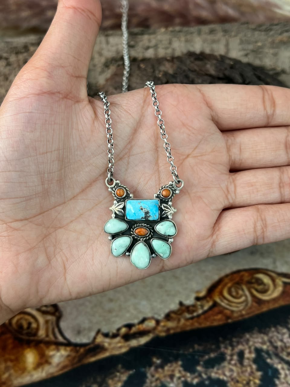 Handmade Sterling Silver White Water with Paloma Turquoise and Orange Mojave Necklace Signed Nizhoni