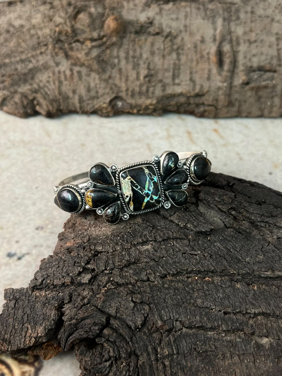 Handmade Sterling Silver Blackjack Turquoise Cuff Bracelet Signed Nizhoni