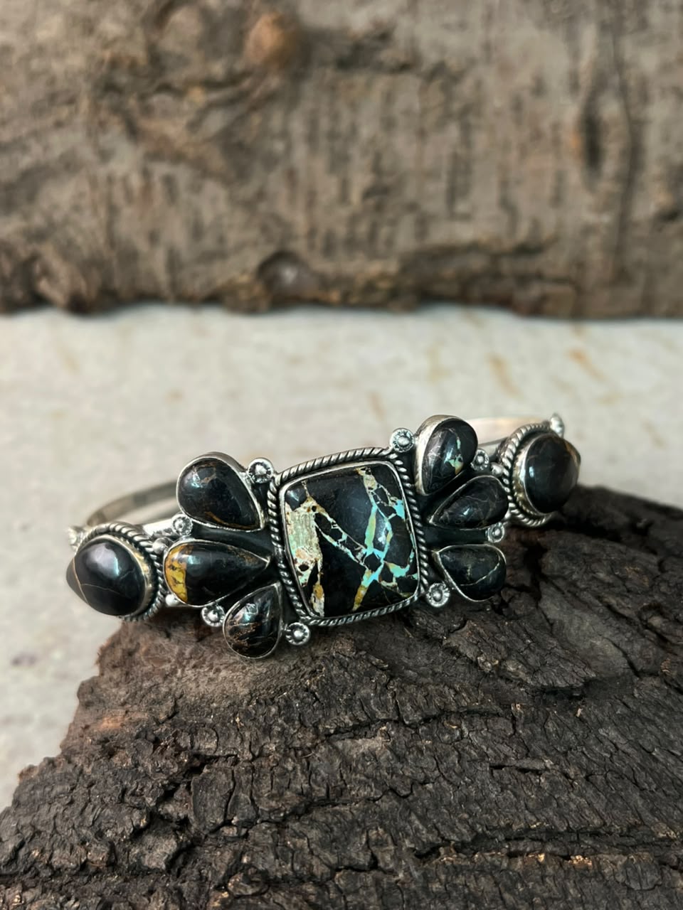 Handmade Sterling Silver Blackjack Turquoise Cuff Bracelet Signed Nizhoni