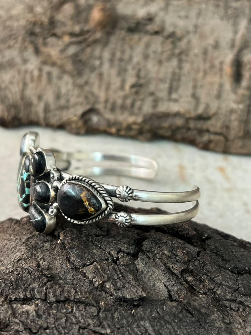 Handmade Sterling Silver Blackjack Turquoise Cuff Bracelet Signed Nizhoni