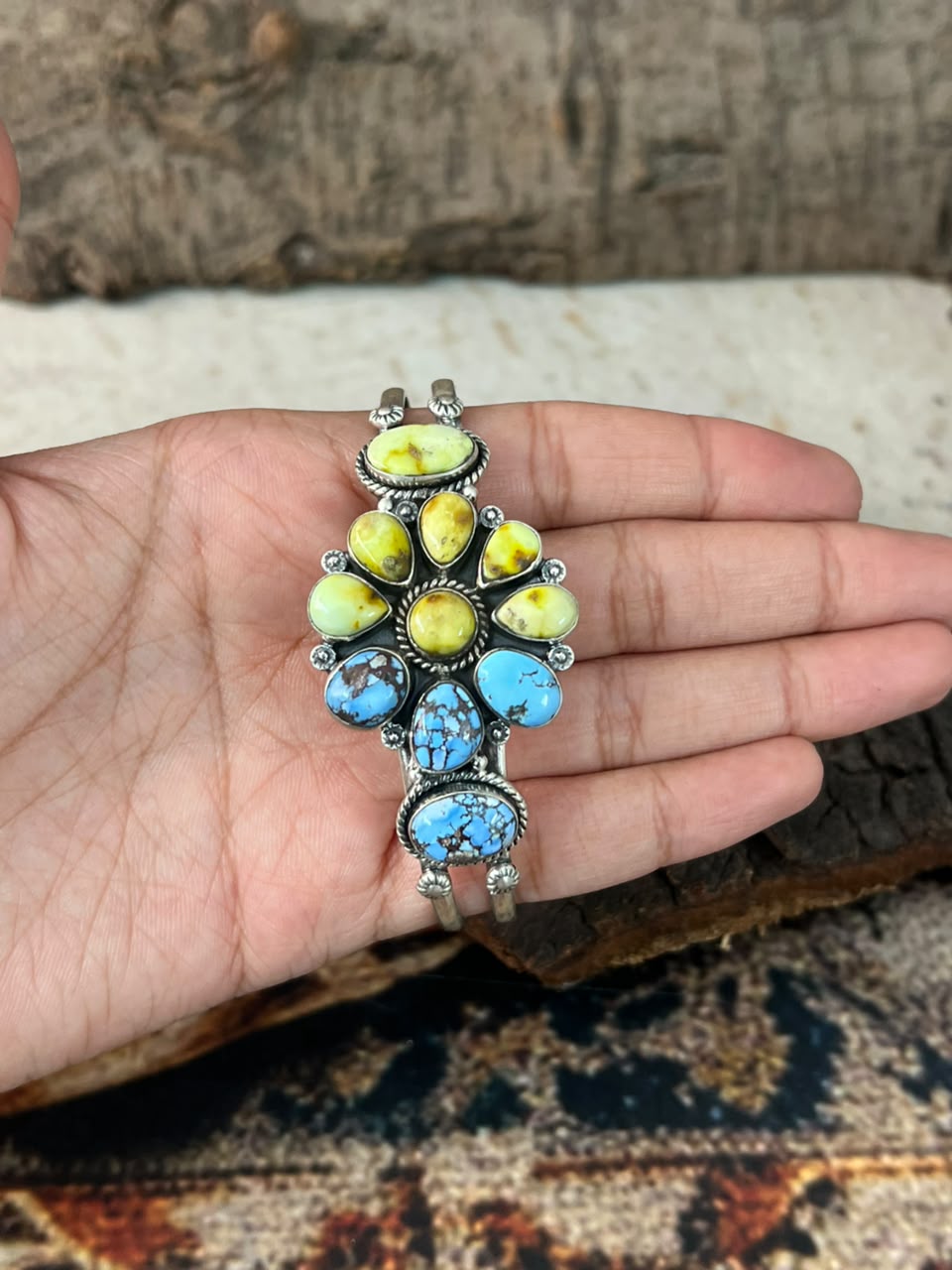Handmade Sterling Silver Golden Hills with Palomino Turquoise Cuff Bracelet Signed Nizhoni