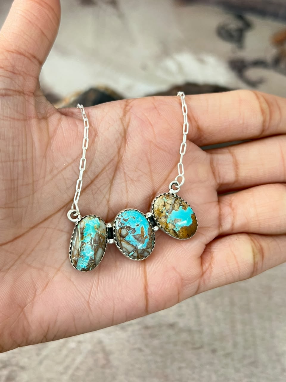 Handmade Sterling Silver Ribbon Royston Turquoise Necklace Signed Nizhoni