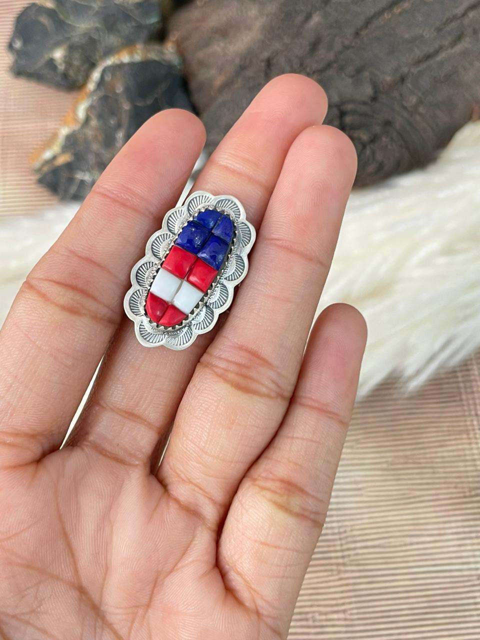 Handmade Sterling Silver 4th Of July Collection: Rosarita with Lapis and White Buffalo Adjustable Ring "Signed Nizhoni"