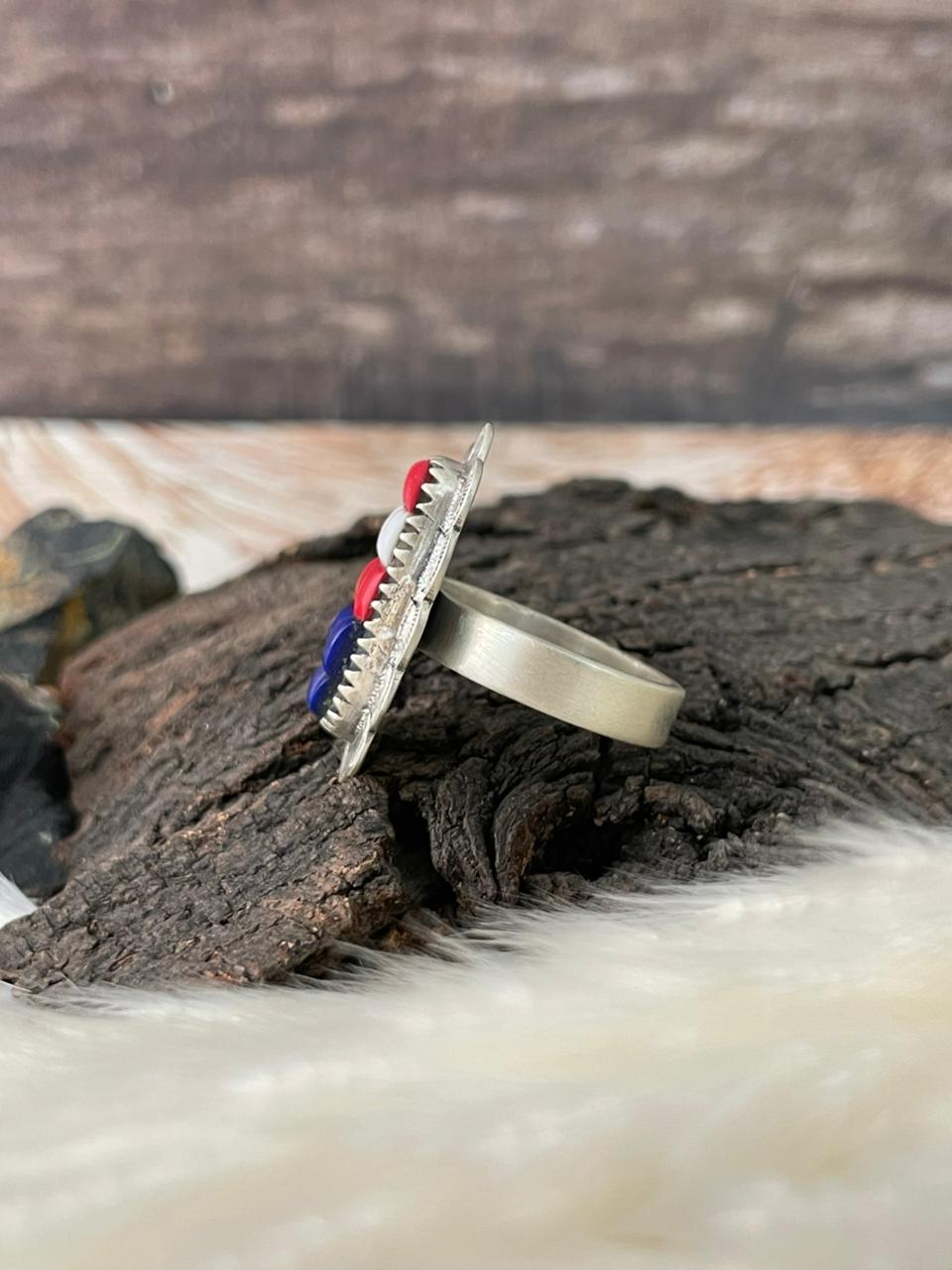Handmade Sterling Silver 4th Of July Collection: Rosarita with Lapis and White Buffalo Adjustable Ring "Signed Nizhoni"