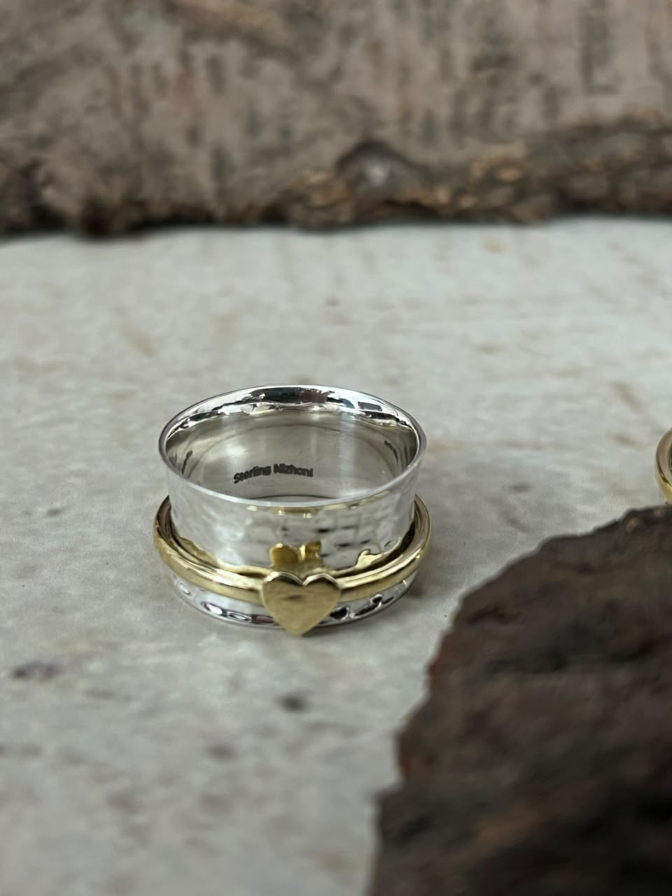 Handmade Sterling Silver With Brass Heart Spinner Ring Signed Nizhoni
