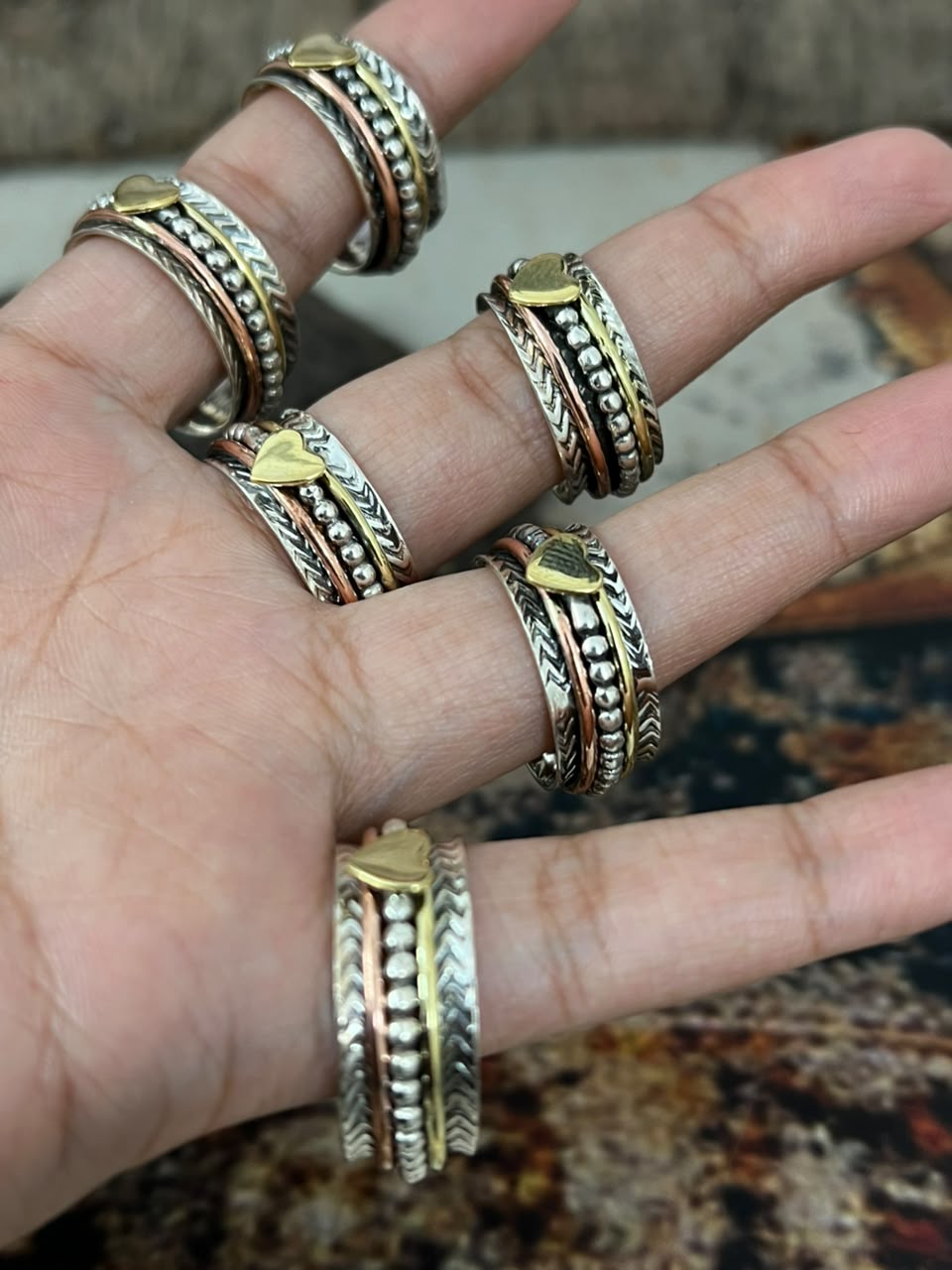 Handmade Sterling Silver With Brass and Copper Heart Spinner Ring Signed Nizhoni