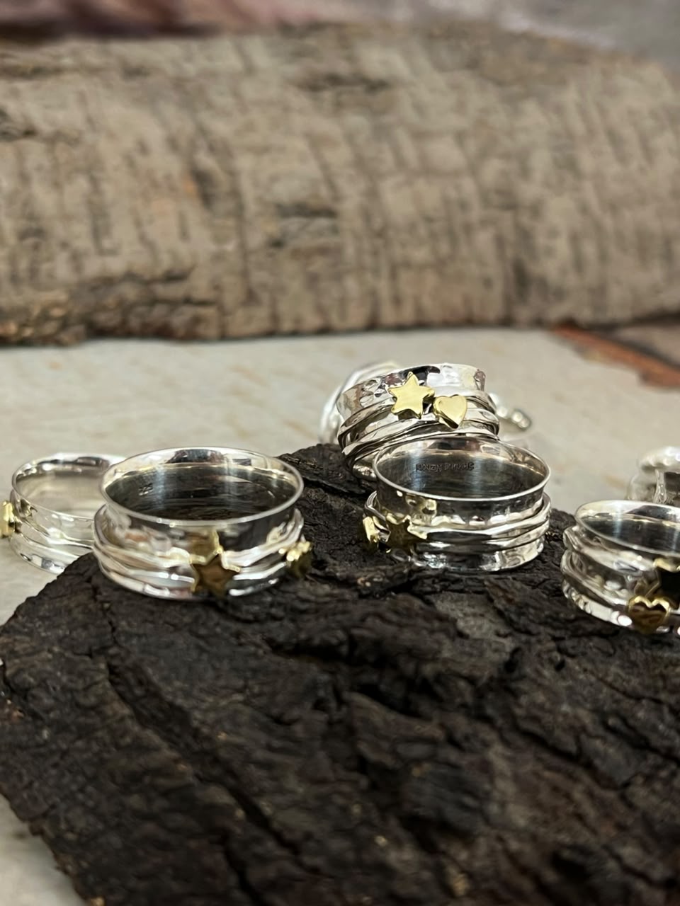 Handmade Sterling Silver With Brass Heart and Star Spinner Ring Signed Nizhoni