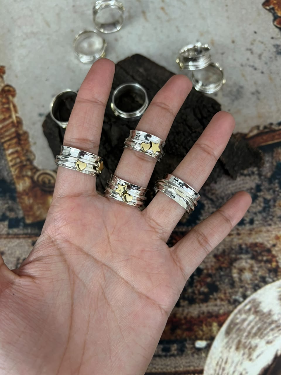 Handmade Sterling Silver With Brass Heart and Star Spinner Ring Signed Nizhoni