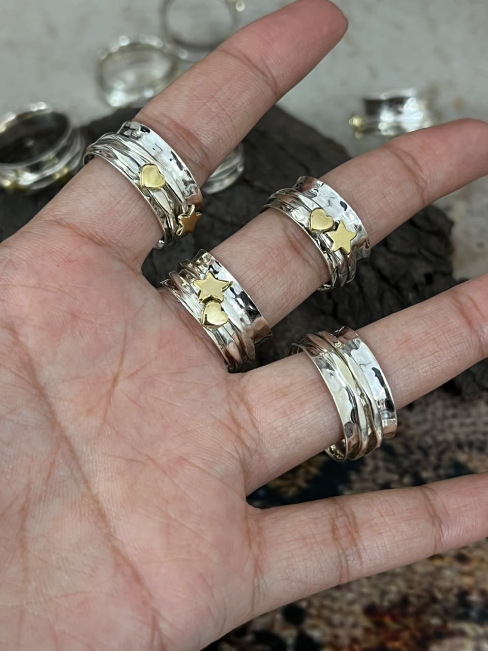 Handmade Sterling Silver With Brass Heart and Star Spinner Ring Signed Nizhoni