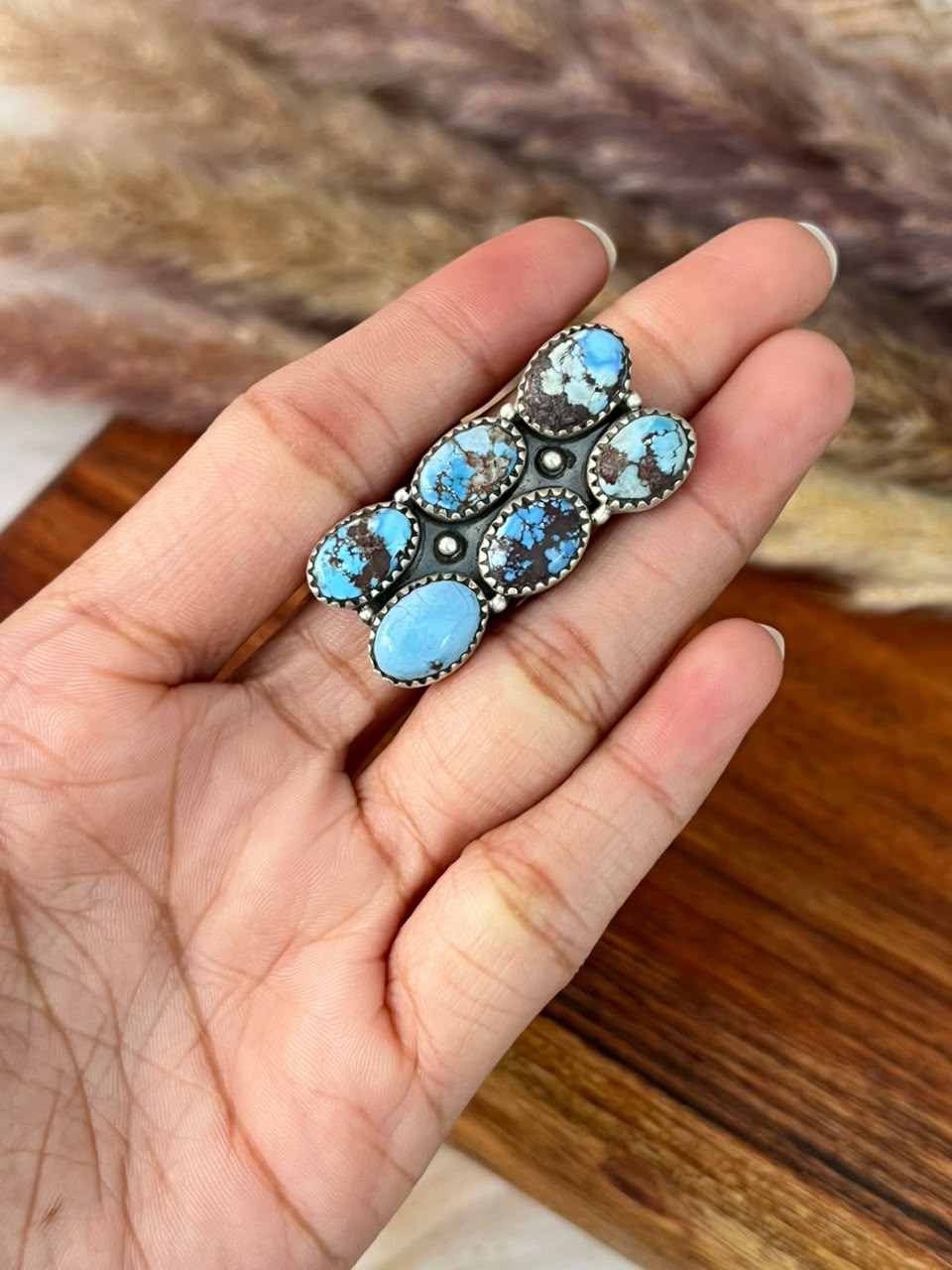 Handmade Sterling Silver Golden hills Turquoise Bar Adjustable Ring Signed Nizhoni