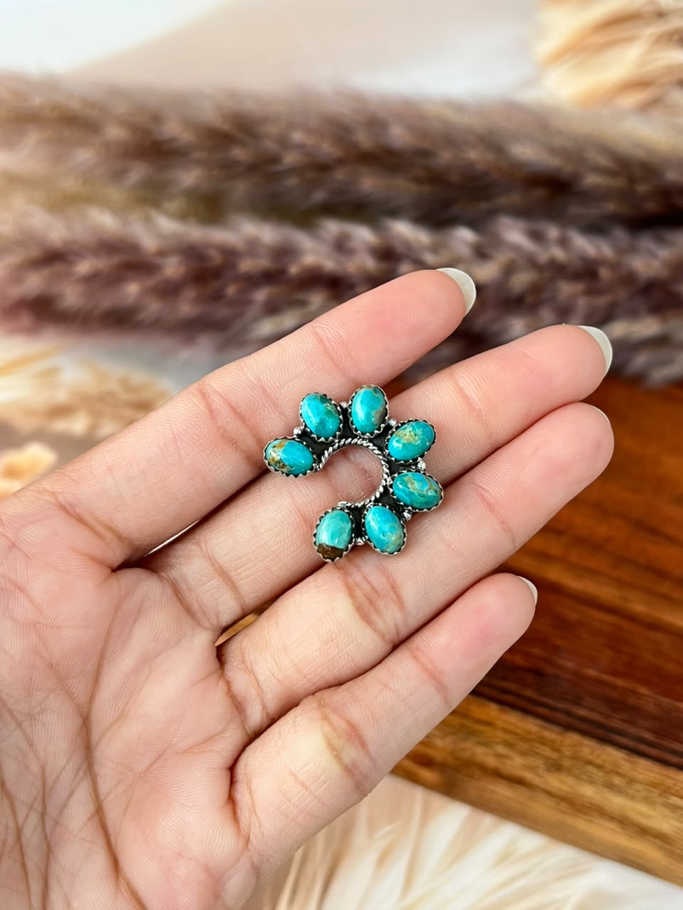 Handmade Sterling Silver Kingman Turquoise Naja Adjustable Ring Signed Nizhoni